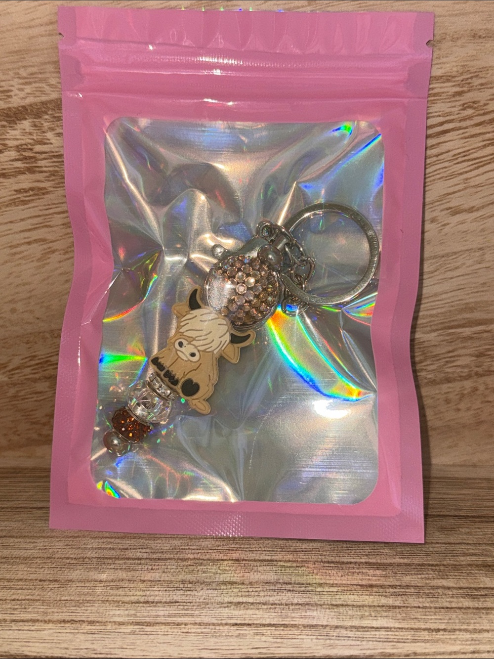 Cute Pink Novelty Kids Keychain with Cow Charm